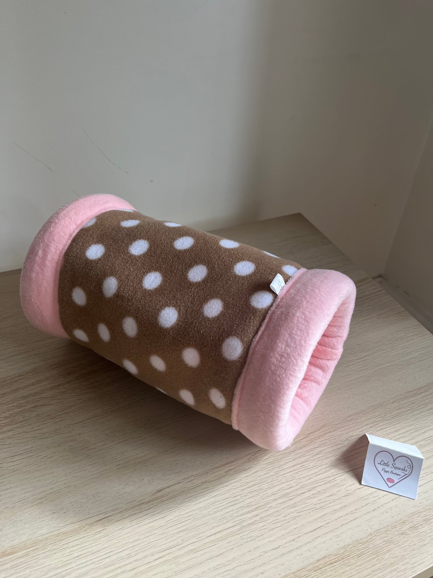 Brown Spotted/Pink Snuggle Tunnel STAY OPEN - Guinea Pig Bed/Hide