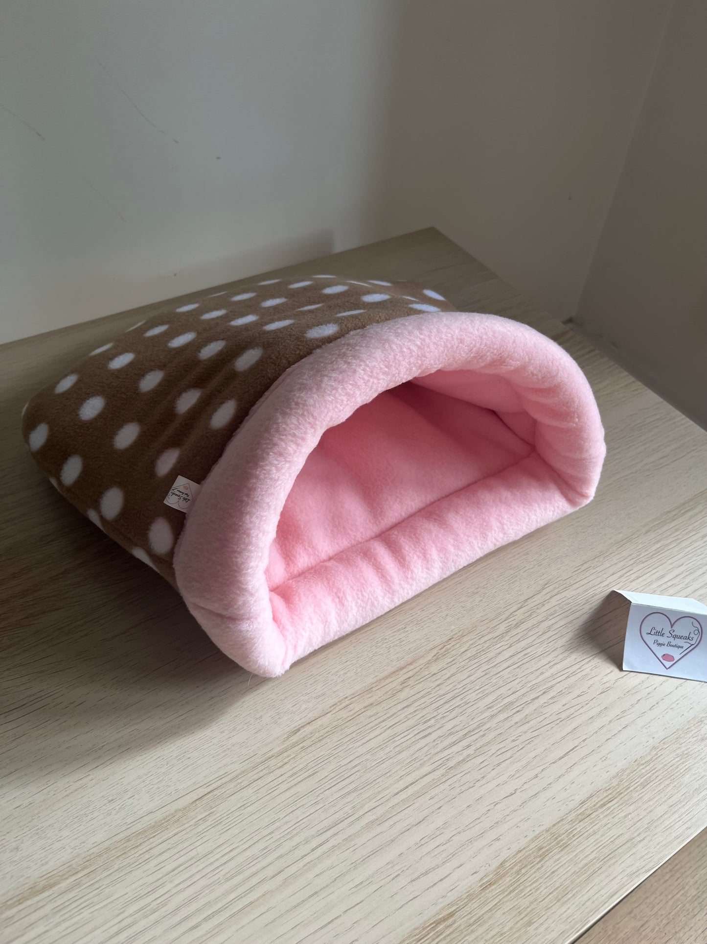Brown Spotted/Pink Snuggle Sack STAY OPEN - Guinea Pig Bed/Hide