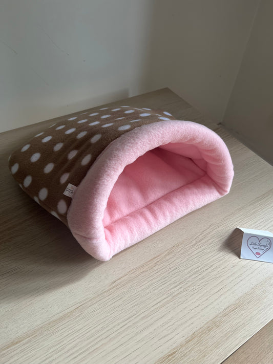 Brown Spotted/Pink Snuggle Sack STAY OPEN - Guinea Pig Bed/Hide