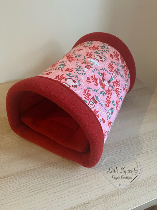 Christmas Cuddle Tunnel with Pee Pad - Guinea Pig Bed/Hide (Nutcracker-Pink)