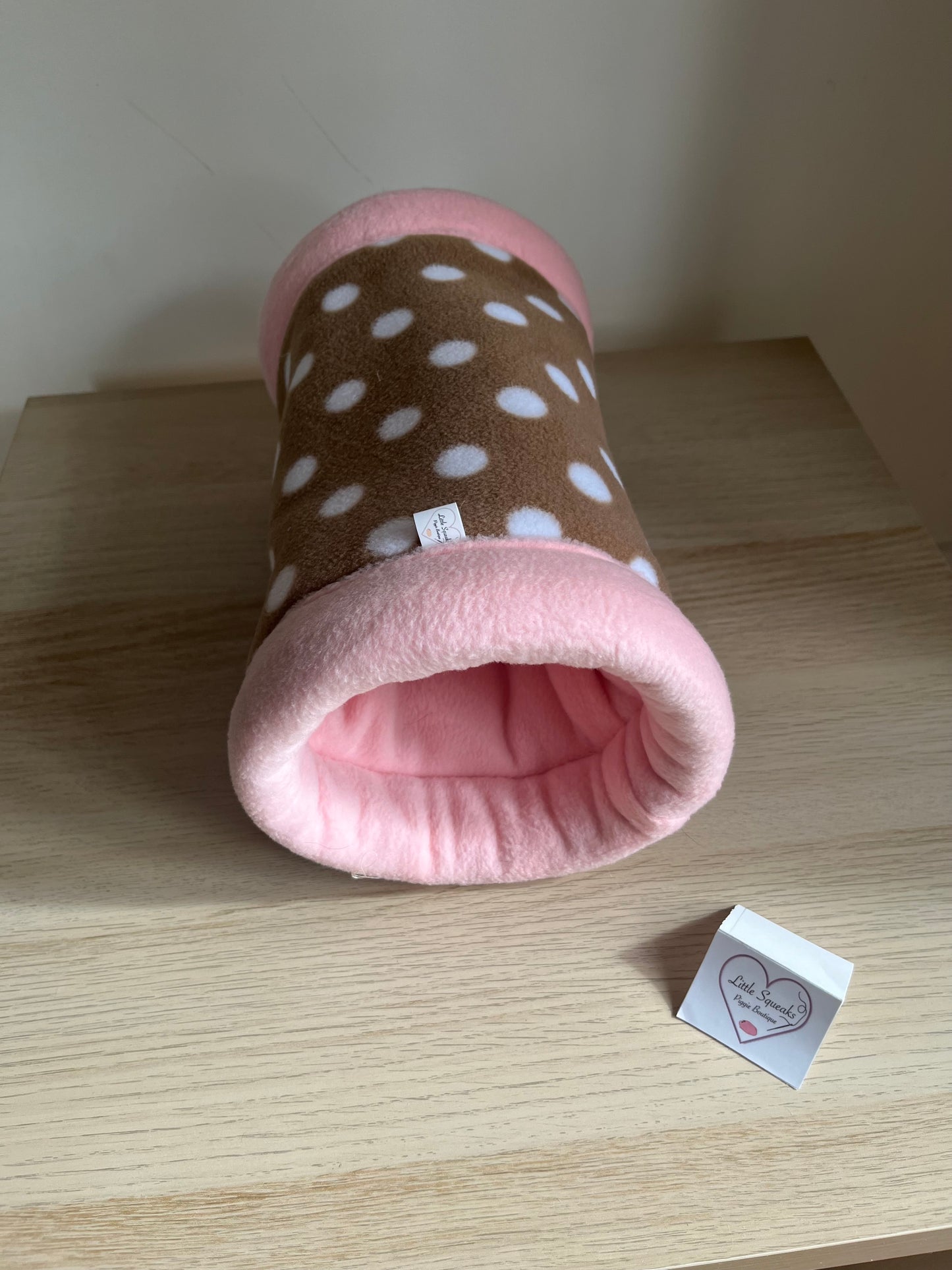 Brown Spotted/Pink Snuggle Tunnel STAY OPEN - Guinea Pig Bed/Hide